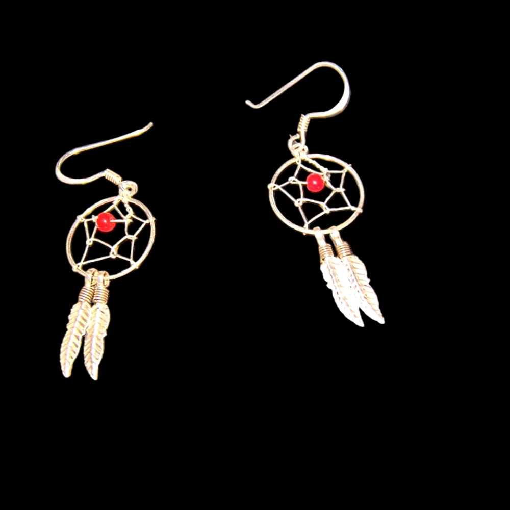 Red Coral & Sterling Silver Dreamcatcher Dangle Earrings